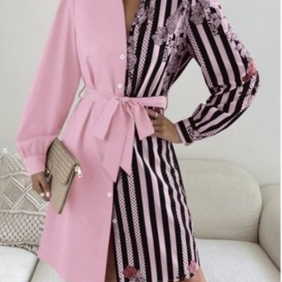 Pink & Black Floral Dress Shirt - Gorgeous, Belted, Medium  Box Car1 - Picture 7 of 7